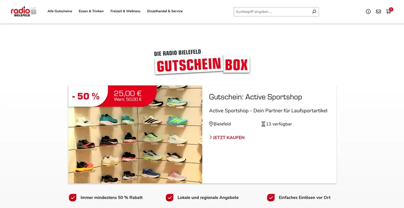 Gutschein-Box von Radio Bielefeld: Startseite der Shopware-6-Plattform mit aktueller Gutscheinaktion