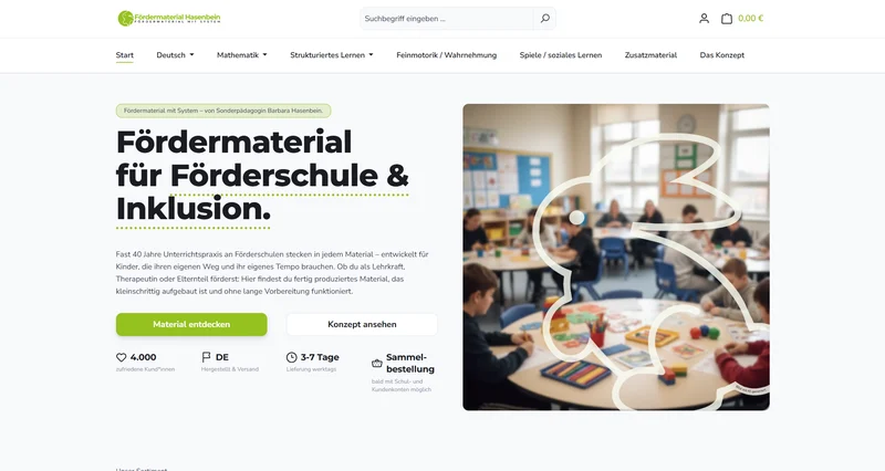 Startseite von Fördermaterial Hasenbein nach der Migration auf Shopware 6