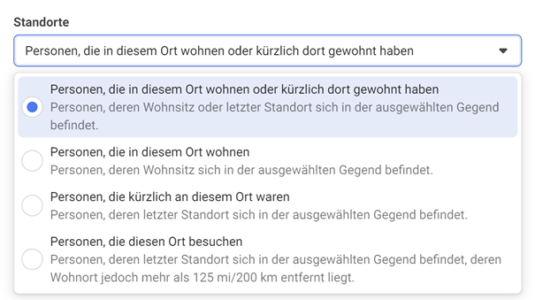 Screenshot zu Facebook Targeting nach Standort