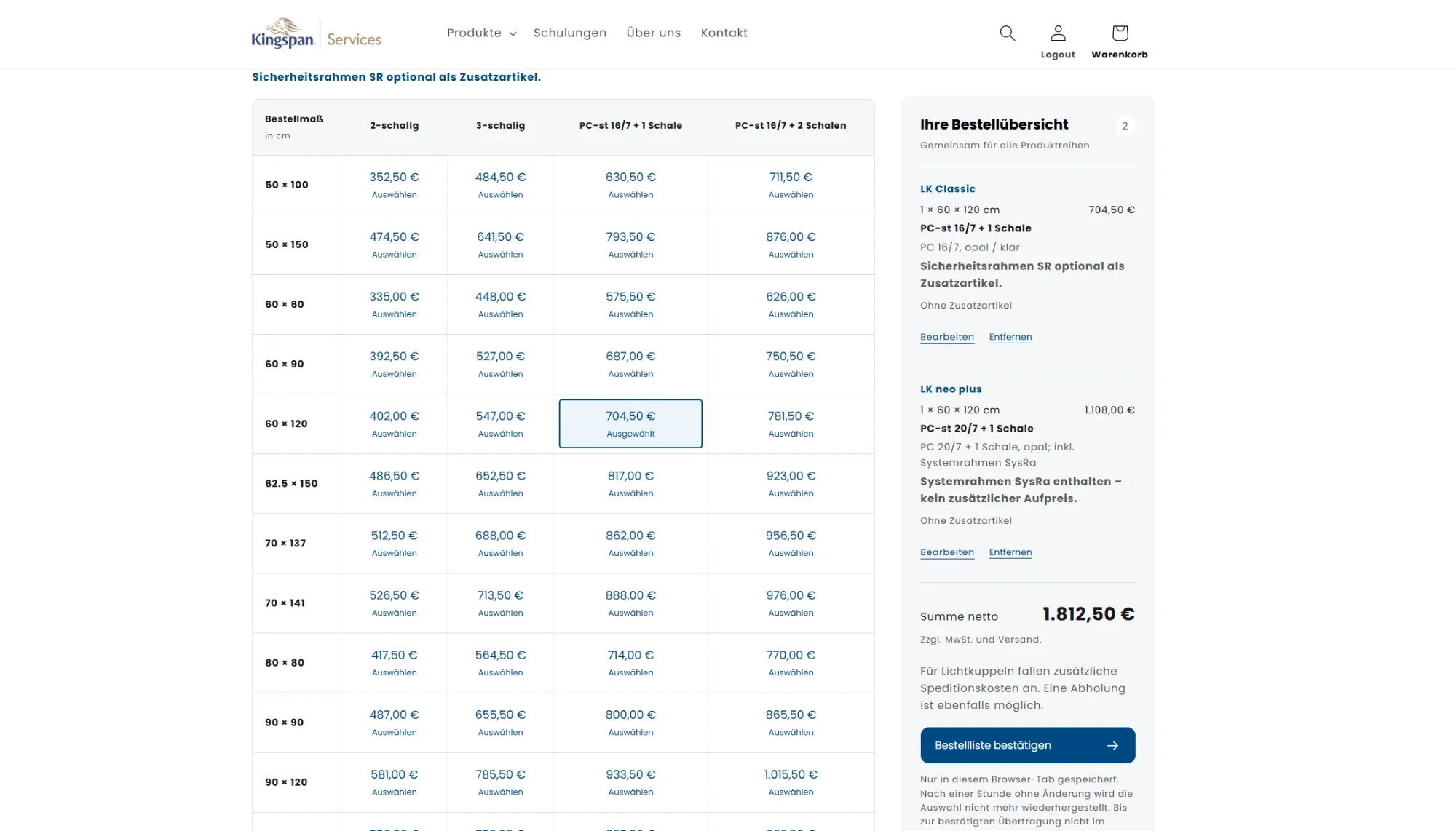 Bestellmatrix im Kingspan-Services-Shop: Bestellmaße und Ausführungen mit Preisen, daneben die Bestellübersicht
