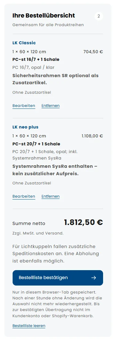 Bestellübersicht mit Positionen aus den Reihen LK Classic und LK neo plus, Summe netto und Speditionshinweis