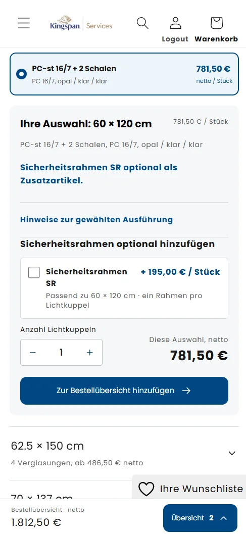 Mobile Ansicht: gewählte Ausführung 60 × 120 cm mit optionalem Sicherheitsrahmen und Stückzahl