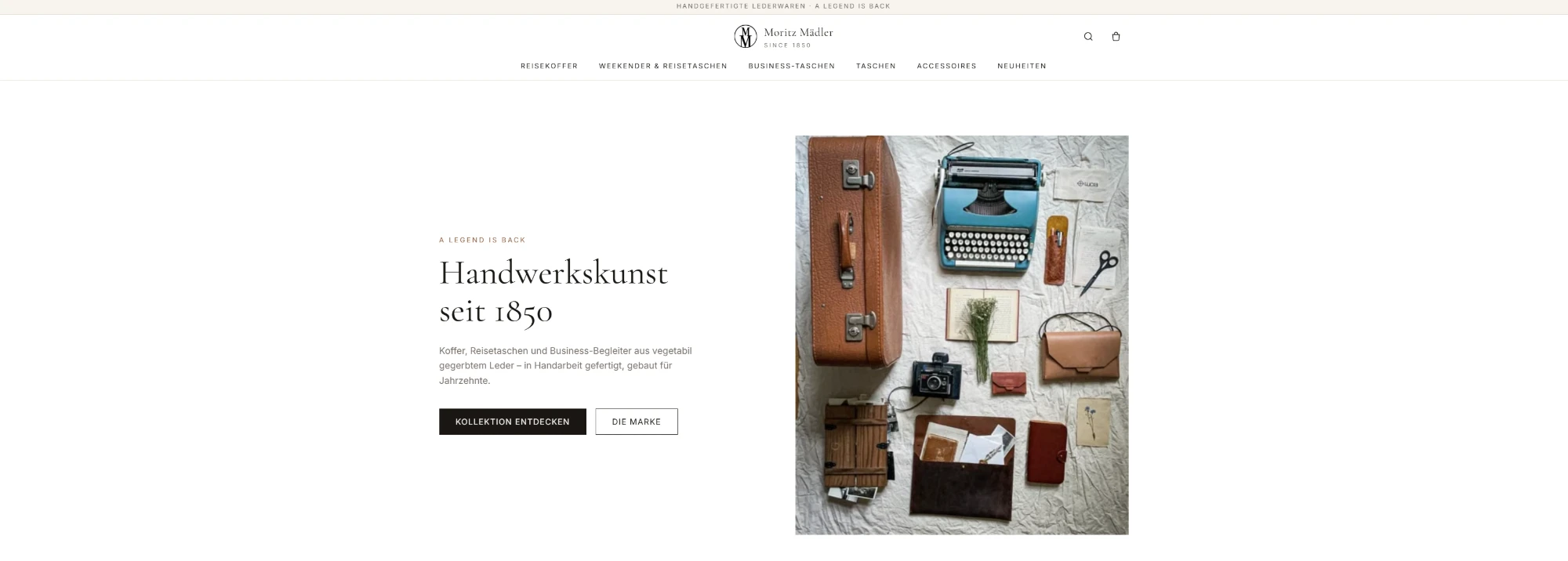 Startseite von Moritz Mädler: Headless Shopify Shop mit dem Hero „Handwerkskunst seit 1850“