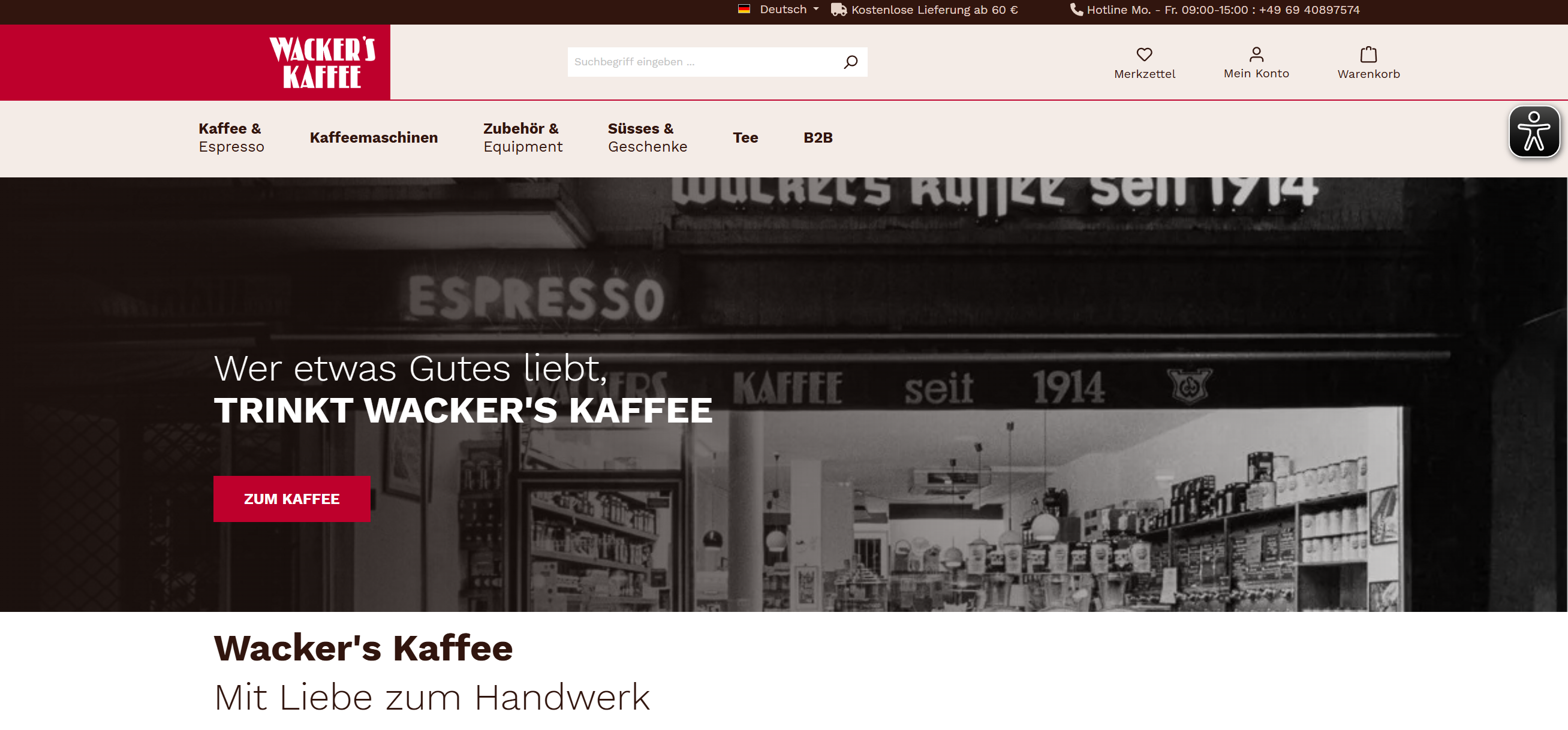 Startseite des neu aufgesetzten Wacker's-Kaffee-Shops