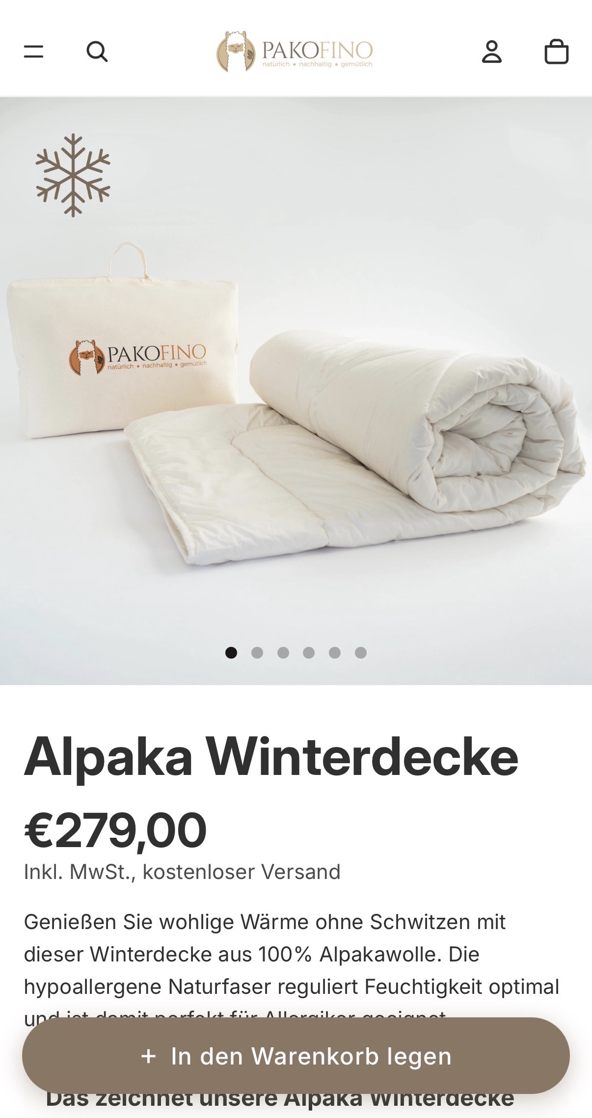 Mobile Produktseite der Alpaka-Winterdecke von Pakofino