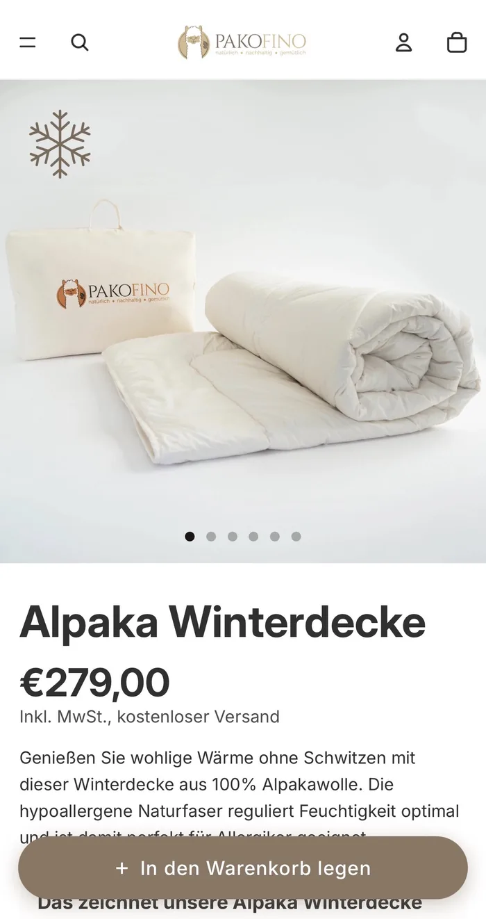 Mobile Produktseite der Alpaka-Winterdecke von Pakofino